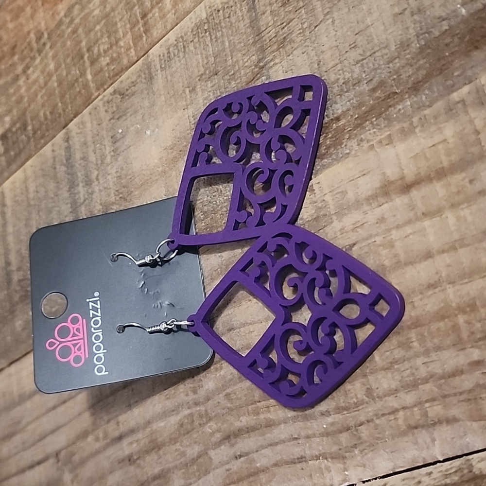 Paparazzi Wood Earrings Purples Fish Hook